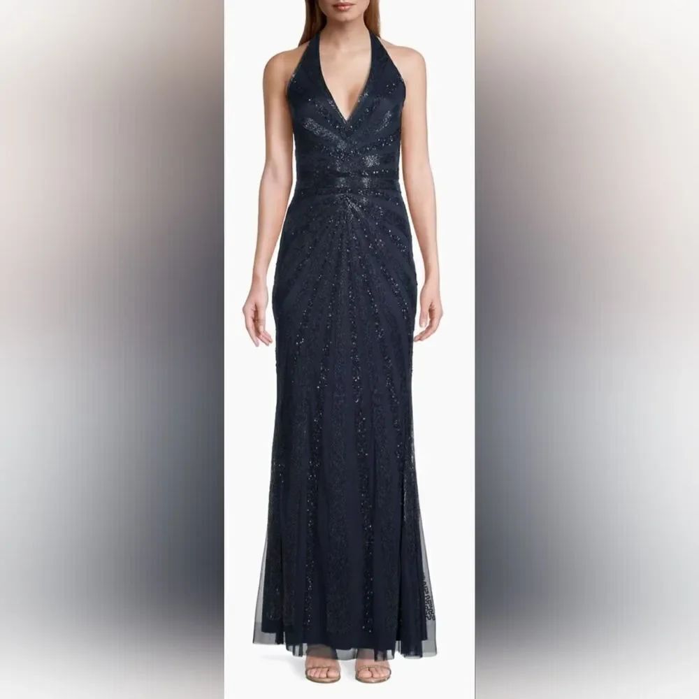 Aidan Mattox Beaded Halterneck Gown NWOT size 14 Navy Blue